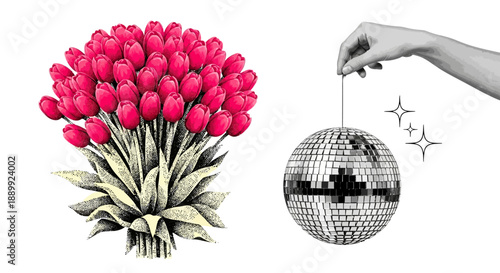 A hand holding a disco ball amidst a vibrant bouquet of tulips in a celebration scene