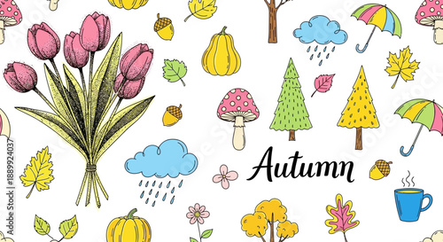 Autumn illustration featuring flowers, trees, and seasonal elements in a whimsical design