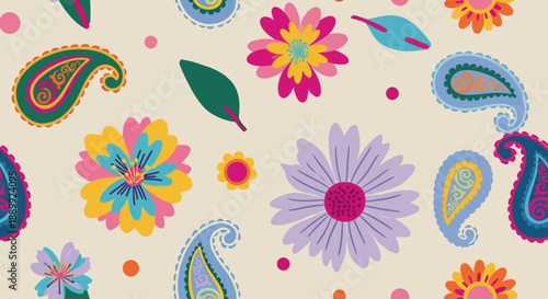 Vibrant floral pattern with paisley and flowers in a lively arrangement on a soft canvas, viewed from directly above