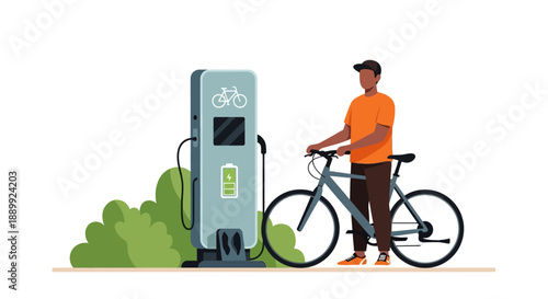 Man standing with electric bicycle beside charging station outdoors in a serene environment
