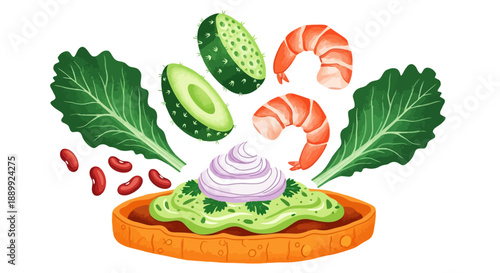 Assorted vegetables and seafood arranged on a vibrant orange plate viewed from directly above