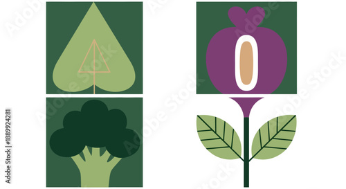 Illustration of assorted vegetables and flowers in green and purple hues presented in a grid layout, showcasing work similar to adam work (220).ai