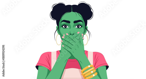 A shocked woman with green skin covers her mouth with her hands, wearing a pink shirt and gold jewelry