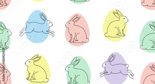 Colorful Easter bunnies pattern in pastel hues, sitting inside eggs, viewed from the side in a seamless repeat design