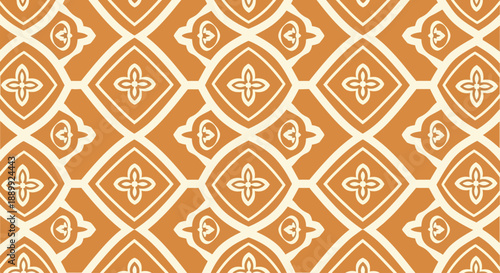 Geometric pattern featuring diamond shapes and floral motifs in orange and white hues, adam work referenced in seamless design