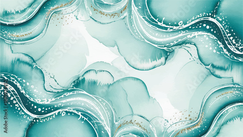 Ethereal watercolor background featuring soft teal and shimmering gold waves, an elegant abstract fluid art design for luxurious aesthetics