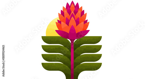 A digital illustration of a vibrant tropical flower, showcasing its intricate details and colors, set against a simple background from a front viewpoint.