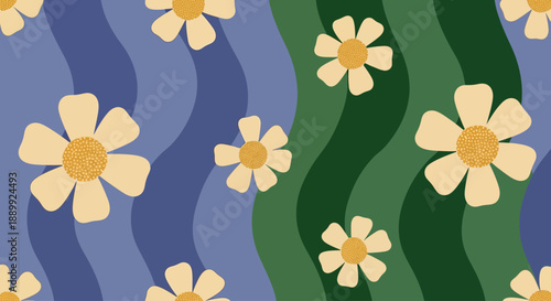 Floral Pattern with Wavy Lines and Yellow Flowers on Blue and Green Background from Top Viewpoint