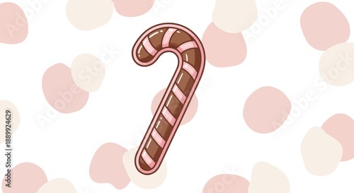 Candy cane centered on a background with pastel pink and cream-colored polka dots