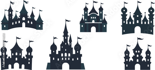 Fantasy castle silhouettes, fairy tale architecture, whimsical towers, medieval turrets, dark fortress skyline, enchanted palace, storytelling backdrop, magical kingdom illustration