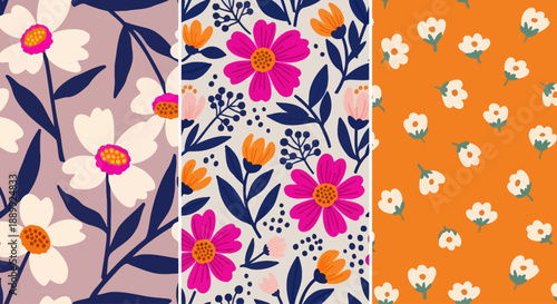 Collage of floral patterns featuring various flowers and leaves in different colors and designs on multiple backgrounds from a close-up viewpoint
