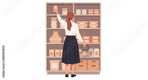 Woman in skirt reaching for item on a tall shelf in a storage room, viewed from behind, surrounded by cardboard boxes and files.