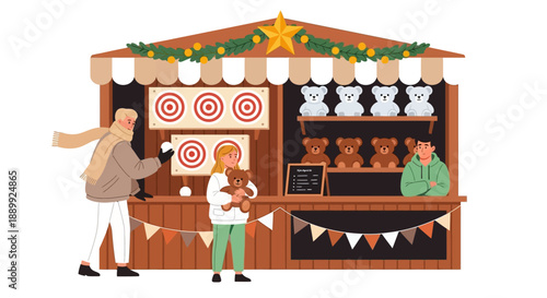 Man throwing darts at a festive Christmas market stall with targets and prizes