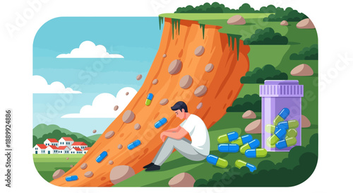 Man climbing a steep rocky cliff with various obstacles and challenges in a scenic outdoor landscape