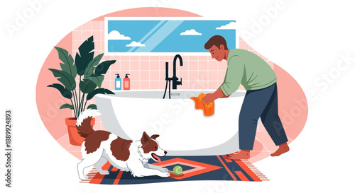 Man cleaning bathtub while dog plays on colorful rug in bathroom with plants and blue sky view