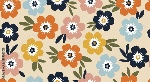 Vibrant floral pattern with colorful flowers and leaves on a neutral background from a top viewpoint