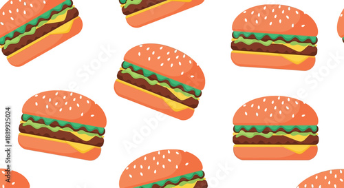 A pattern of fast food burgers on a clean background viewed from directly above