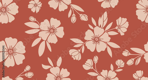 Seamless floral pattern with blooming flowers and leaves on a vibrant red background from an overhead viewpoint illustrating a graphic design concept similar to adam work