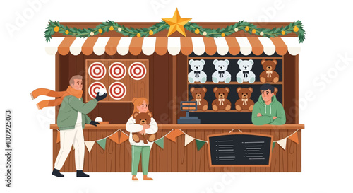 A festive Christmas market stall with people playing games and buying treats, viewed from the front.