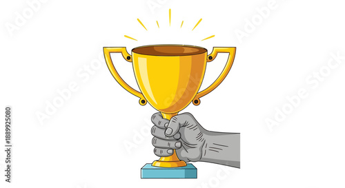 A hand grasping a golden trophy with handles, celebrating achievement and success in a moment of triumph
