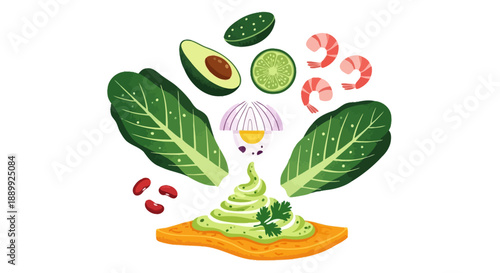 Fresh vegetables and fruits arranged around a chef character on a cutting board, showcasing culinary preparation.