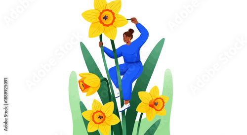 A person in blue attire standing among flowers, reaching for a tall daffodil from an aerial viewpoint
