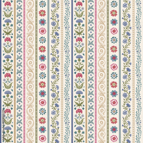 The Meadow. Floral vertical stripes. Vintage seamless pattern. Colorful
