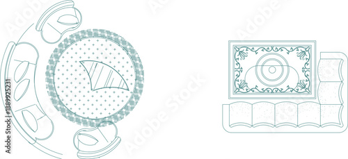 Technical vector illustration of two living room arrangements from a top view, featuring a circular sofa set and an L-shaped sectional couch.