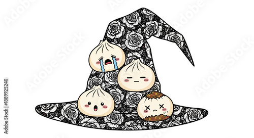 Four cartoon dumplings with different facial expressions sitting on a black and white patterned witch's hat