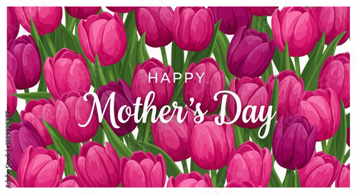 Vibrant pink tulips with Happy Mother's Day text overlay on floral arrangement