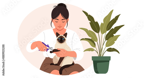 Woman grooming a dog with clippers in a serene indoor setting with a potted plant nearby