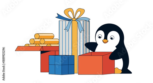 Penguin opens gift box surrounded by colorful presents and wrapped items in a festive scene from a front viewpoint