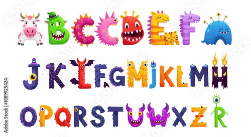 Vibrant Alphabet Letters and Monsters Illustration on White Background from a Front Viewpoint