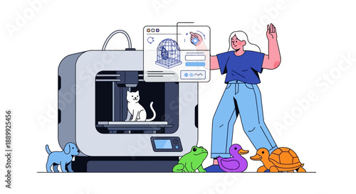 Man operating 3D printer with various pets around him in a creative workspace