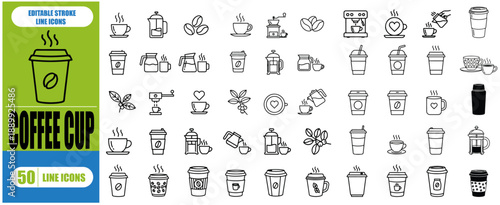 COFFEE CUP ICON SET. PAPER CUP ICON. CONTAINING COFFEE, PAPER, DRINK, CUP, DISPOSABLE, MUG, CONTAINER, AND MORE. EDITABLE STROKE. VECTOR ILLUSTRATION, 