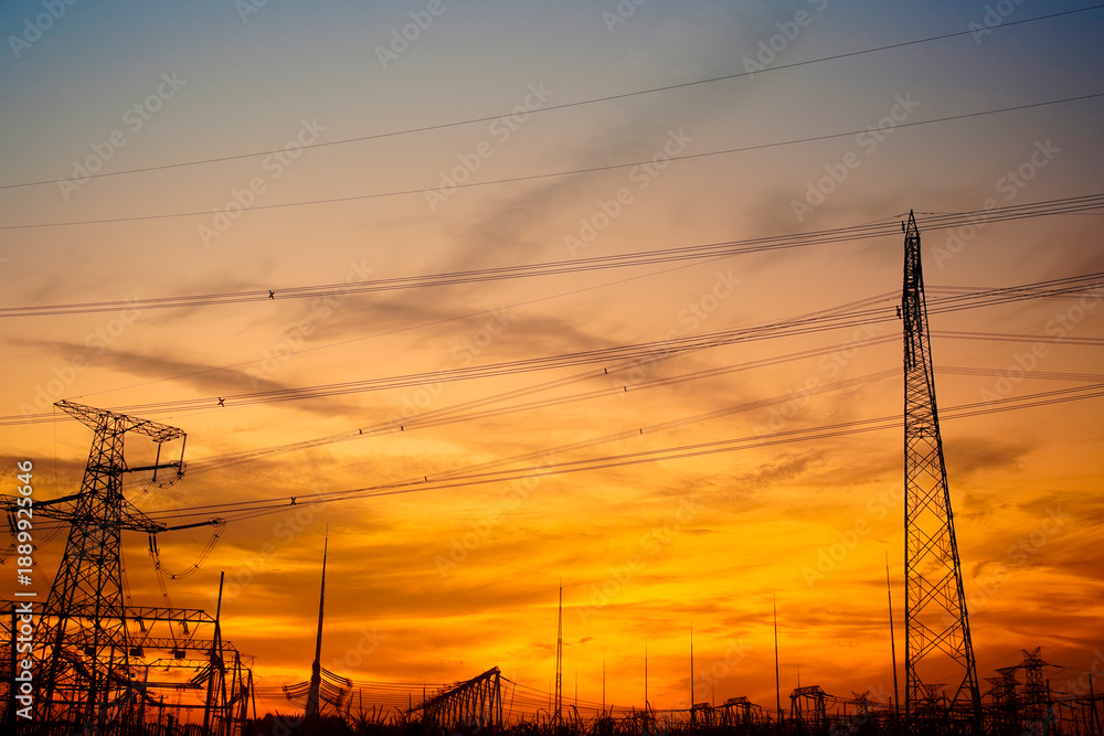 Fototapeta premium Pylon, high-voltage tower sky background.