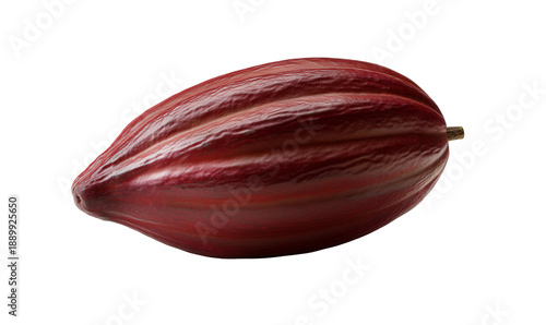 Rich Cacao Pod A close-up view of a vibrant cacao pod, showcasing its unique textured exterior. Its deep.