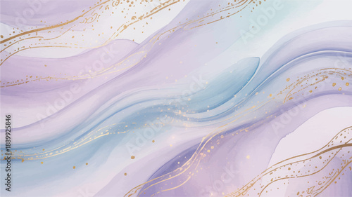 Soft ethereal watercolor background with flowing pastel hues of lavender and blue, accented by delicate golden lines and shimmering textures
