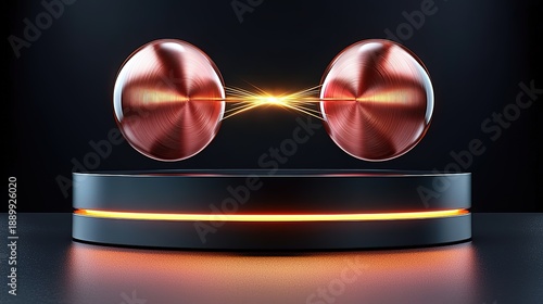 Symbolic art for connectivity: light orbs moving between two copper circles.