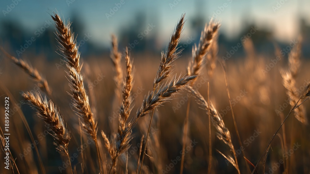 Obraz premium A close-up of golden wheat stalks swaying in a field, illuminated by soft sunlight, creating a tranquil and natural atmosphere.