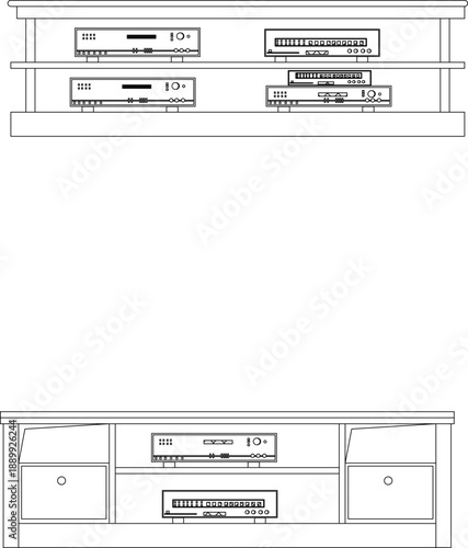 Technical vector illustration of home entertainment consoles, featuring media racks, DVD players, amplifiers, and high-fidelity audio receivers.