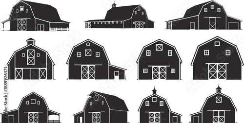 Barn silhouette collection, rural architecture, farm building icons, traditional barn designs, vector illustration, countryside structures, black and white barns, minimal style