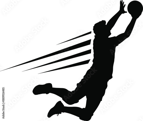 Basketball silhouette, slam dunk pose, sports motion, black figure, dynamic jump, athletic action, white background, airborne player, energy, power