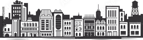 City skyline silhouette, urban architecture, building vector, black illustration, downtown design, high-rise structures, water tower, domed building, storefronts, minimal style