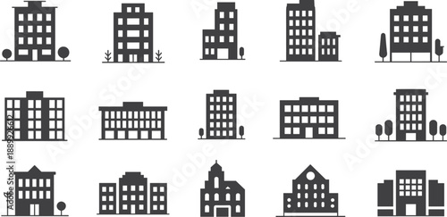 Building silhouette icon set, urban architecture, black vector design, office, residential, institutional structures, cityscape elements, infrastructure illustration