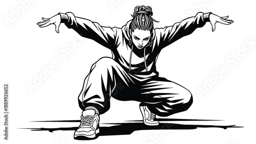 Dynamic female street dancer performing a symmetric crouching hip hop pose for urban sports fitness branding and modern entertainment industry business assets.