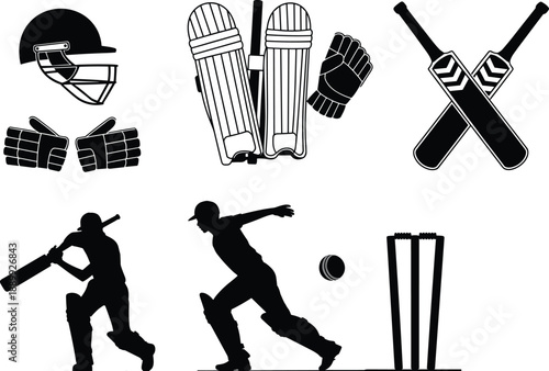 Cricket equipment silhouette set, batsman, bowler, stumps, helmet, pads, gloves, black vector icons, sports gear, action poses, illustration