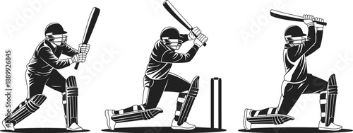 Cricket batting silhouette set, player action poses, black and white vector, helmet gear, dynamic motion, sports illustration, wicket scene