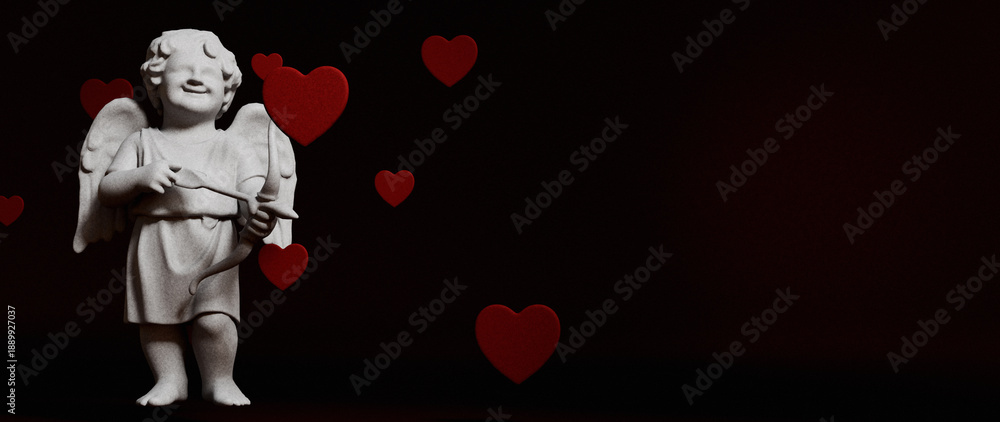 Obraz premium White Cupid Statue, Red Hearts for Valentine's Love Background