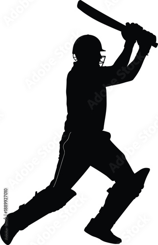 Cricket player silhouette, batting action, sports motion, black figure, helmeted athlete, dynamic swing, white background, athletic pose, game intensity